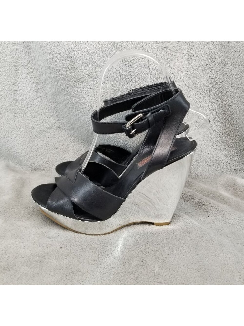 7 For All Mankind Shoes Womens Size 6.5 Black Leather & Metallic Silver Wedge